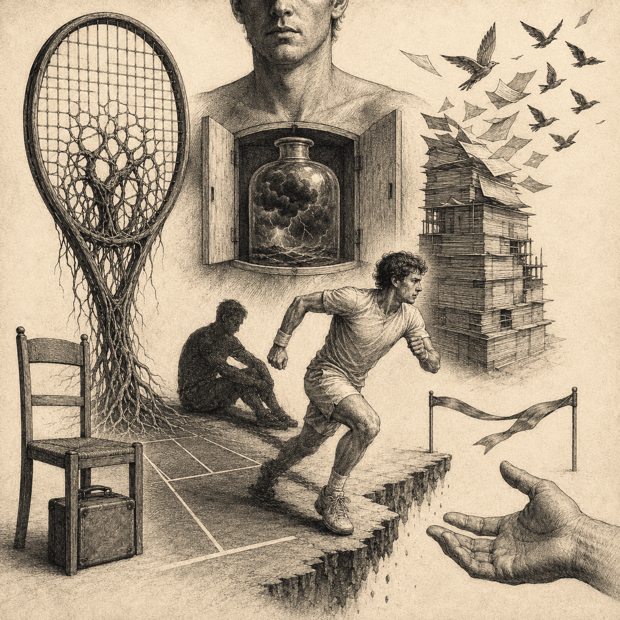 Surreal portrait with a rooted tennis racket, a runner, an unfinished tower and a storm sealed inside a chest