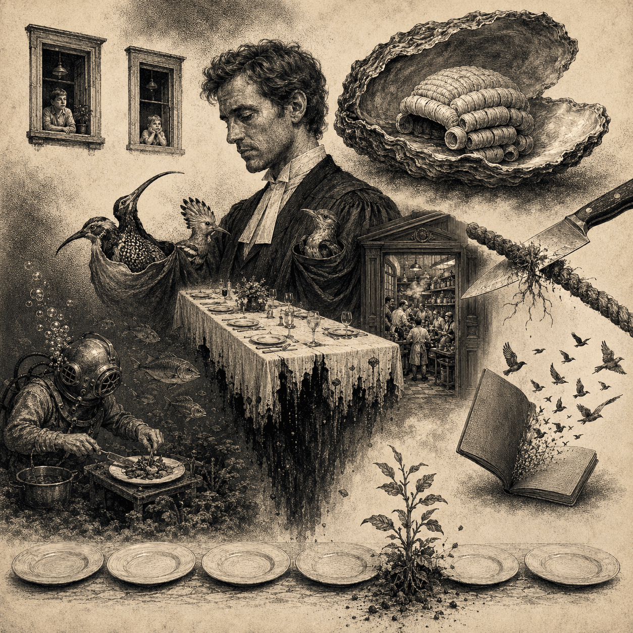 Surreal portrait with a barrister, rare birds, a courtroom opening into a kitchen, an underwater meal and a wig inside an oyster