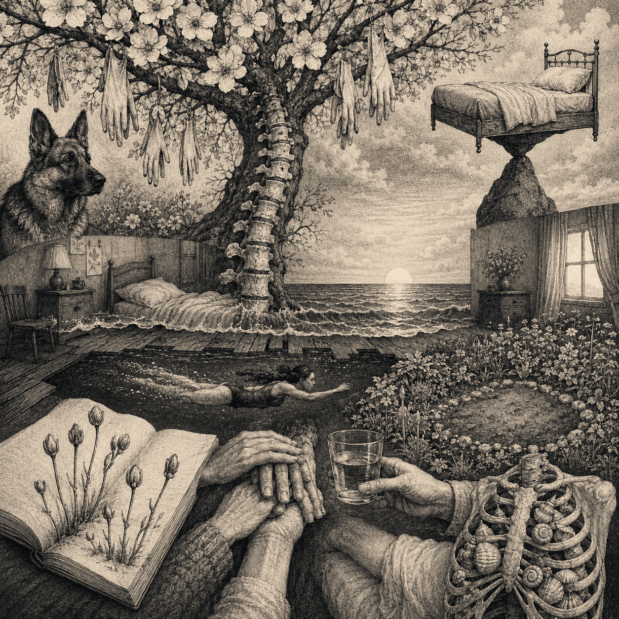 Surreal portrait with a flowering spinal tree, a dawn swimmer, resting hands, a German shepherd and a shell-filled ribcage