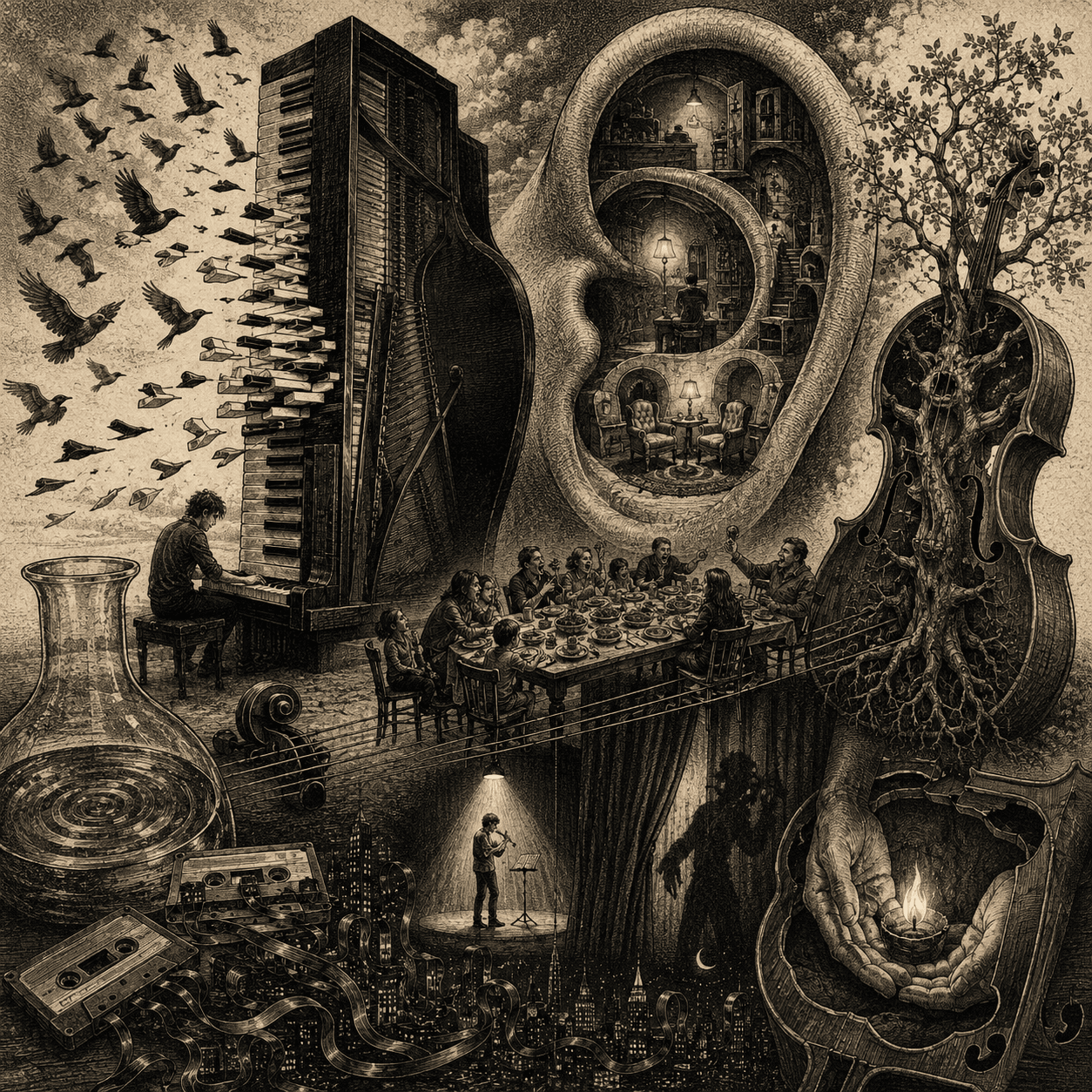 Surreal portrait with an upright piano becoming birds, rooms inside a giant ear, a tree-filled cello and a performer above a nocturnal city
