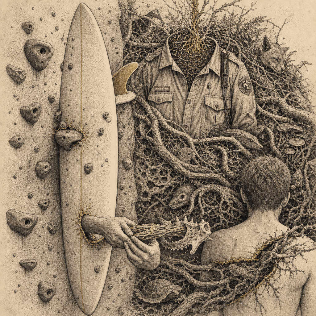 Surreal portrait with a surfboard, climbing holds, a rooted service uniform, coastal wildlife and a figure joined to a thicket